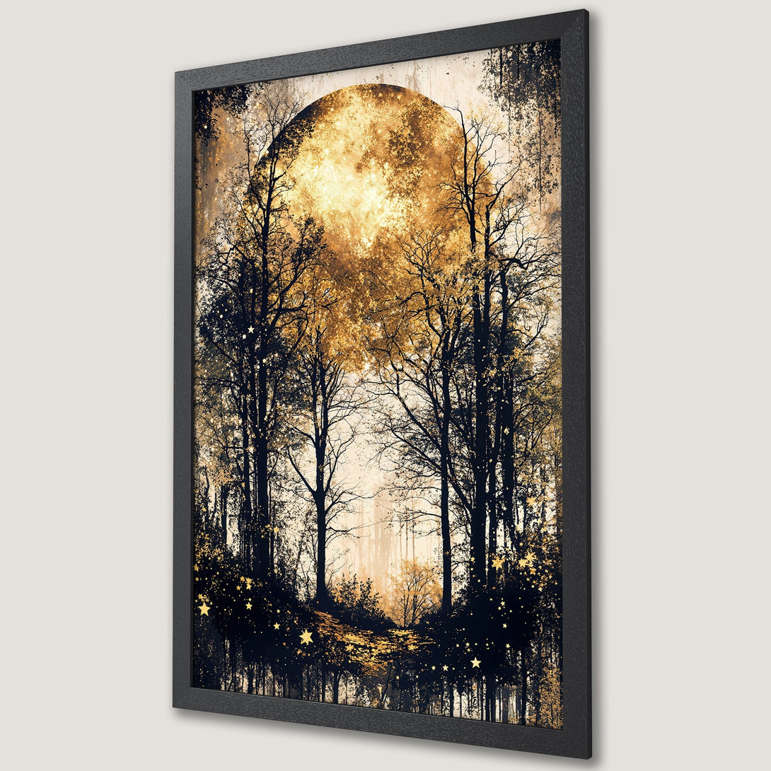 Framed Poster of a mystical forest scene with a golden moon. Artistic style, dark blue and gold color palette. Perfect wall art.