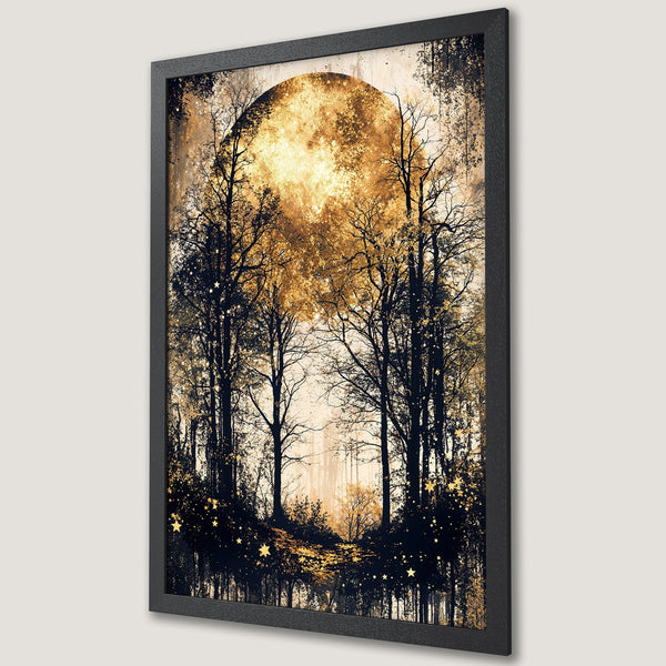 Framed Poster of a mystical forest scene with a golden moon. Artistic style, dark blue and gold color palette. Perfect wall art.