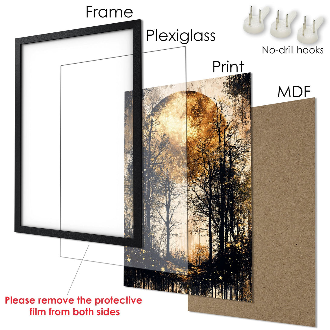 Framed Poster featuring a mystical forest scene with a warm gold and black color palette. Perfect wall art for any space!