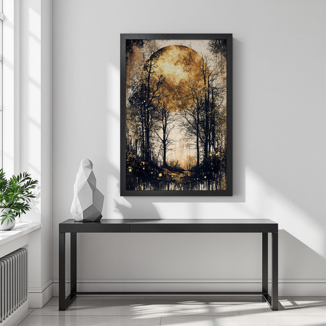 Framed Poster of a mystical forest scene with a golden moon. Artistic style, featuring a warm gold and black color palette. Perfect wall art.