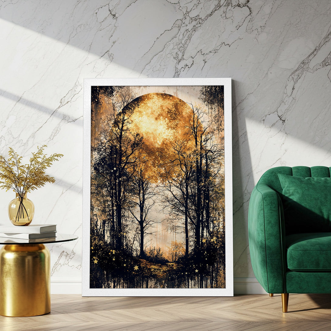 Framed Poster featuring a mystical forest scene with a golden moon, in a warm, earthy color palette. Perfect wall art!