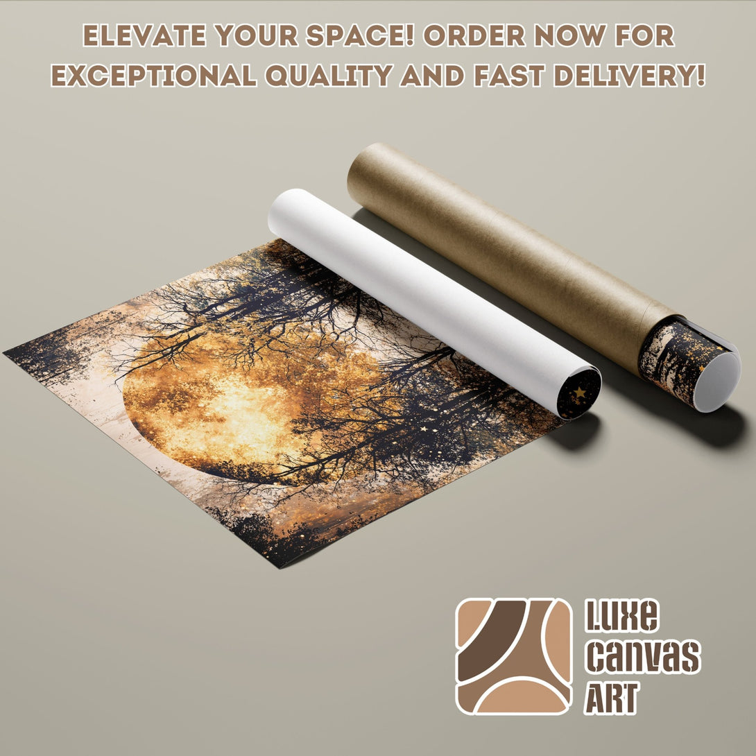 Poster Roll featuring an abstract forest scene in warm gold and black tones. Add art to your space today!
