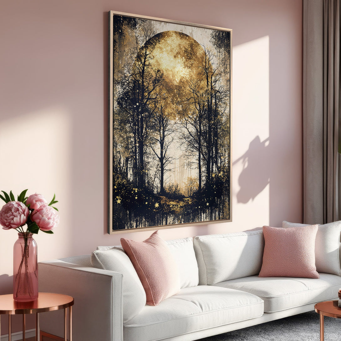 Framed Wall Art: Abstract forest scene with gold and black tones. Adds a touch of elegance to any space. Perfect for modern decor.