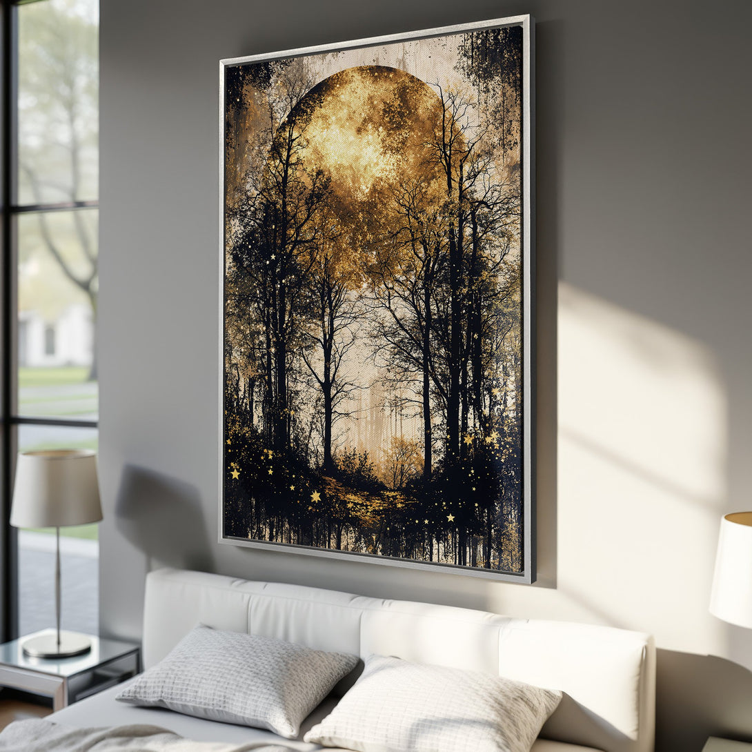 Framed Wall Art: Stunning forest scene canvas print in gold and black. Perfect for adding a touch of elegance to any bedroom or living room. Shop now!
