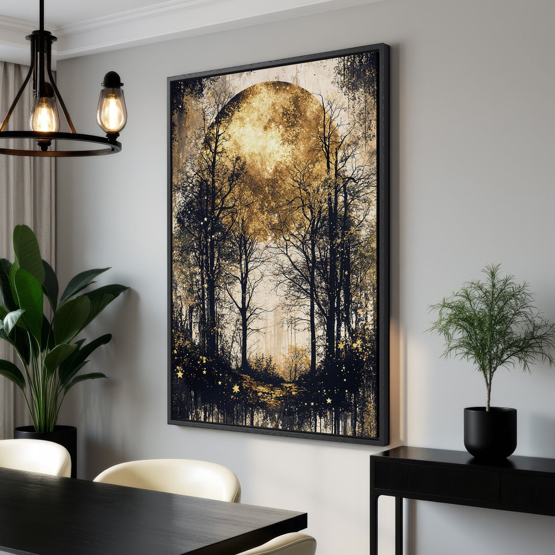 Framed Wall Art: Stunning gold and black forest scene canvas print. Add a touch of elegance with this abstract landscape art, perfect for any interior.