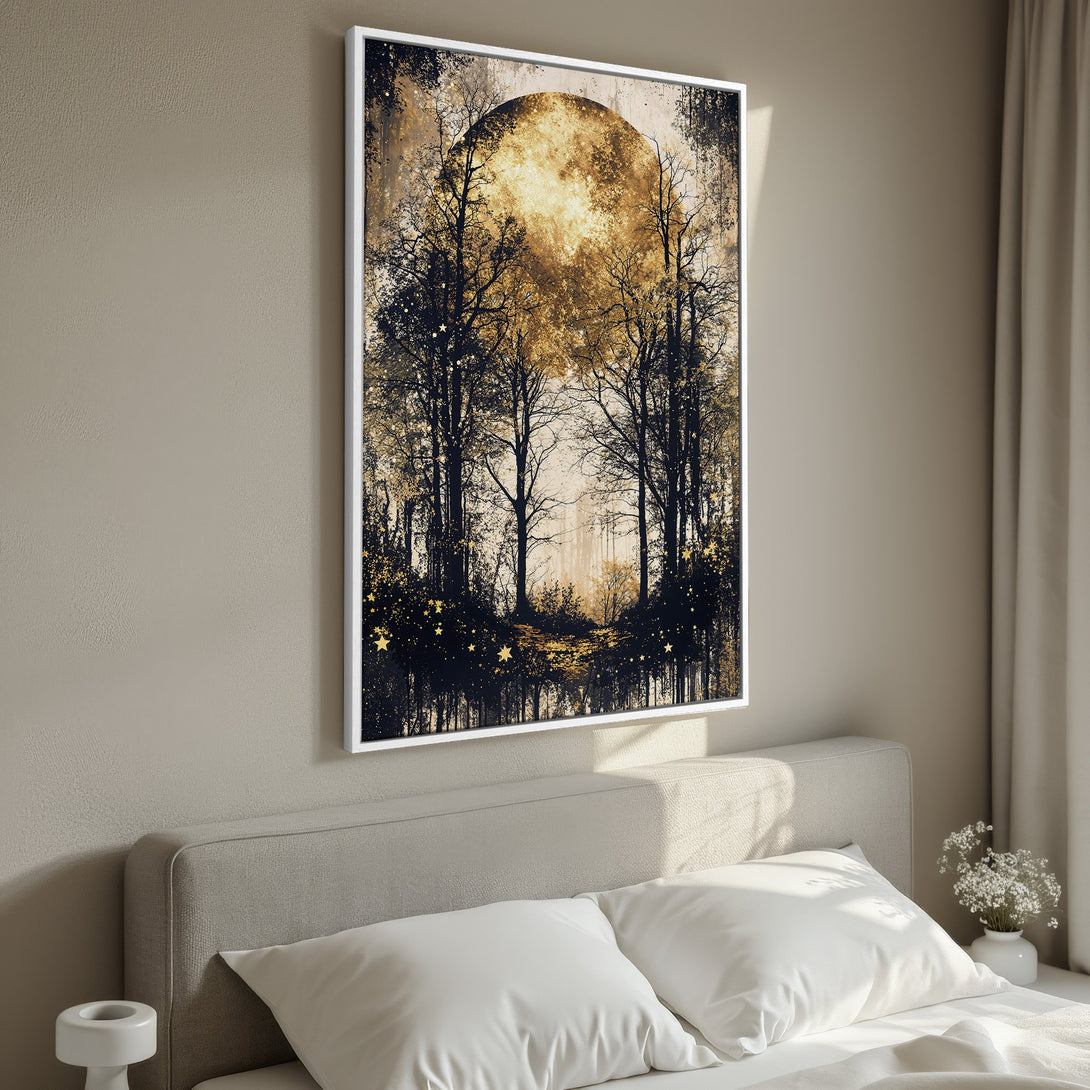 Framed Wall Art: Enchanting forest scene with a golden moon. Elegant, modern canvas print in a warm, neutral color palette. Perfect for bedroom decor.