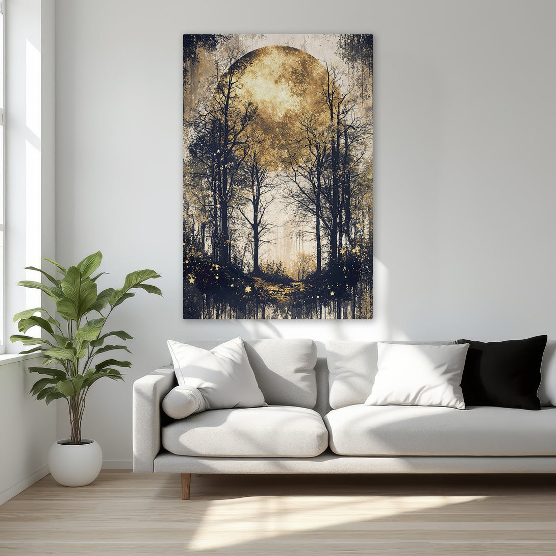 Framed Wall Art: Black and gold forest scene Canvas Print, adding a touch of luxury to any bedroom. Warm, inviting color palette. Perfect for modern decor.