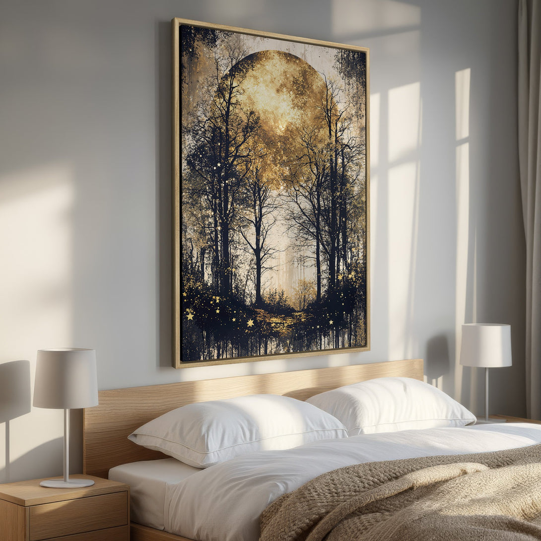 Framed Wall Art: Moonlit forest scene in gold and navy. Modern abstract art perfect for bedroom decor. Add a touch of nature to your space.