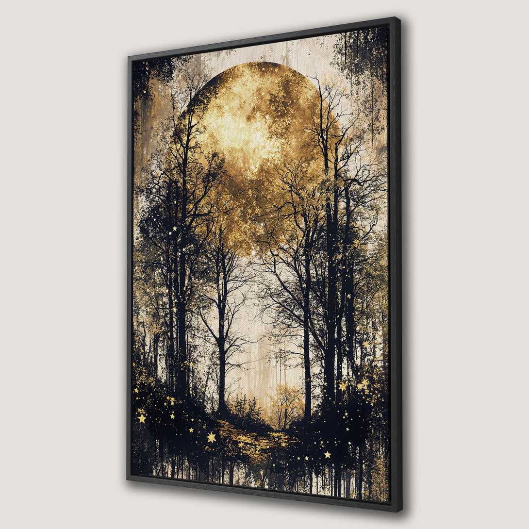 Framed Wall Art: Enchanting forest scene with a golden moon. Dark, moody art with gold and black color palette. Perfect for adding a touch of magic to your space.