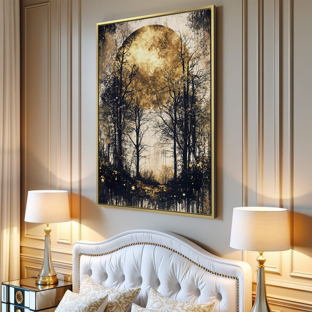 Canvas Print of a mystical forest scene with a golden moon, in a dark, moody color palette. Perfect for adding elegance.