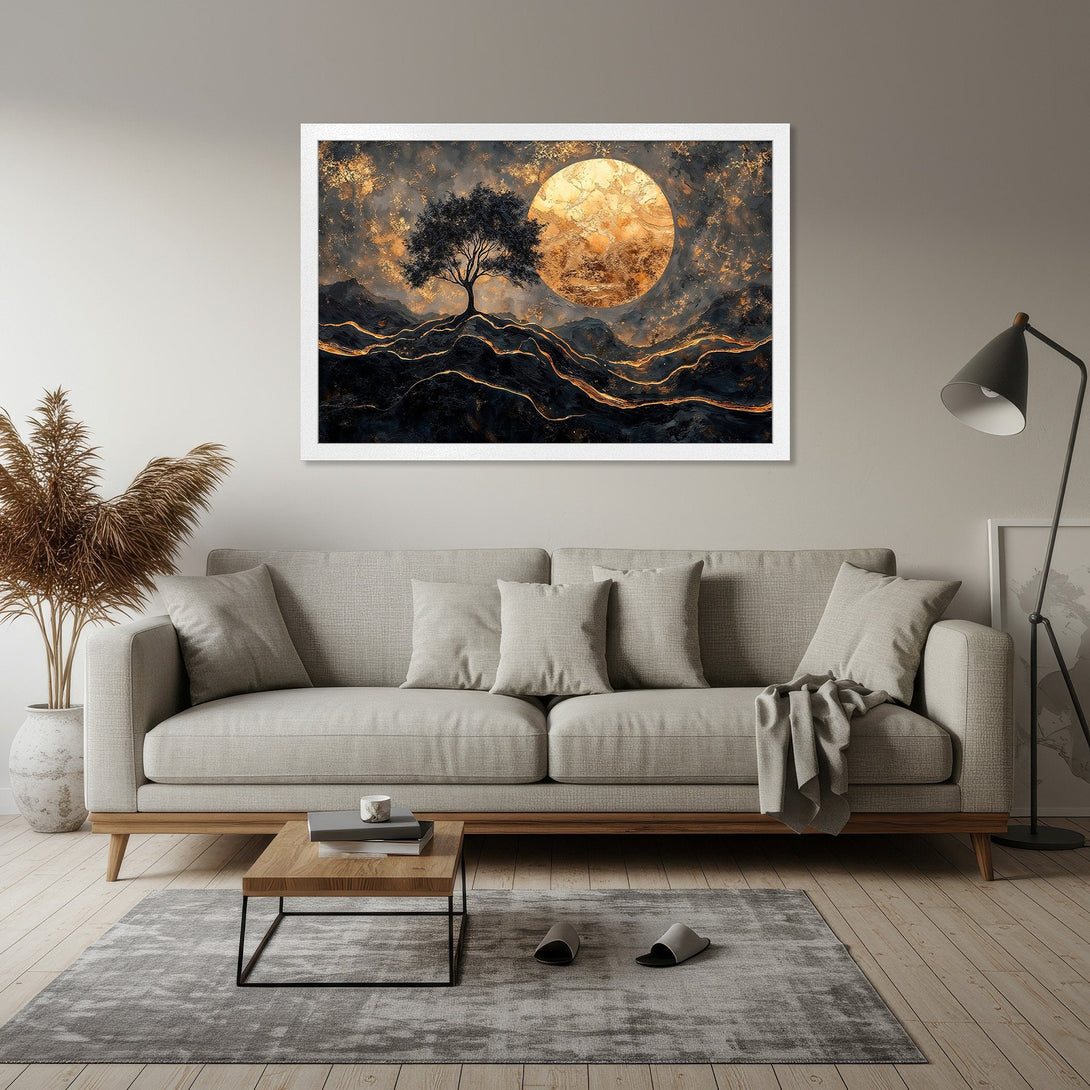 Framed Poster featuring a tree silhouette against a golden moon, abstract style, with a black and gold color palette. Perfect wall art!