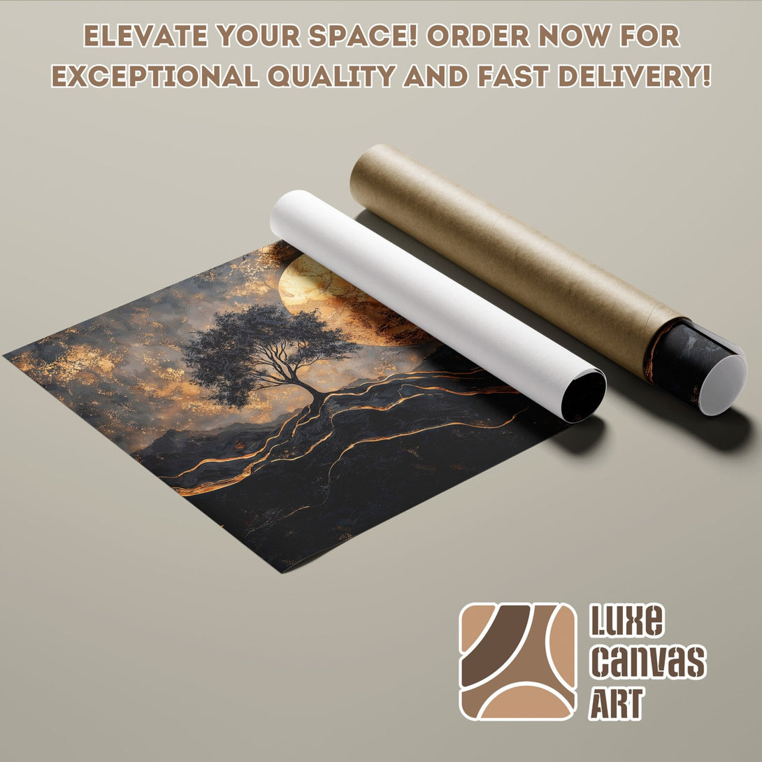 Poster Roll featuring an abstract tree landscape in a dark, gold, and neutral color palette. Elevate your space!