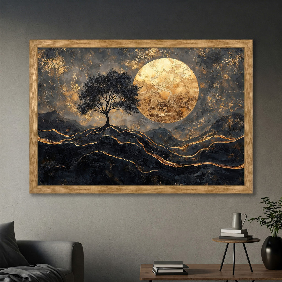 Framed Poster of a tree and golden moon landscape, modern art style, with a dark, gold, and grey color palette. Perfect wall decor.