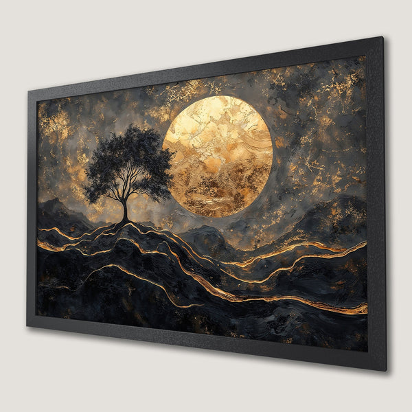 Framed Poster featuring a tree silhouette against a golden moon, abstract style, dark & gold color palette.