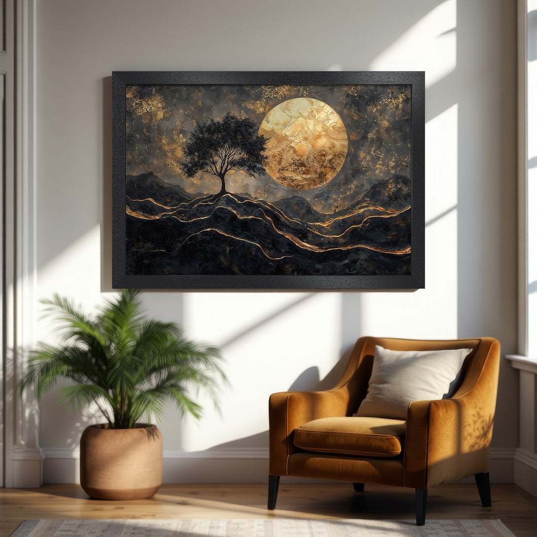 Framed Poster featuring a tree silhouette with a golden moon. Abstract style, black and gold color palette. Perfect wall art for a modern home.