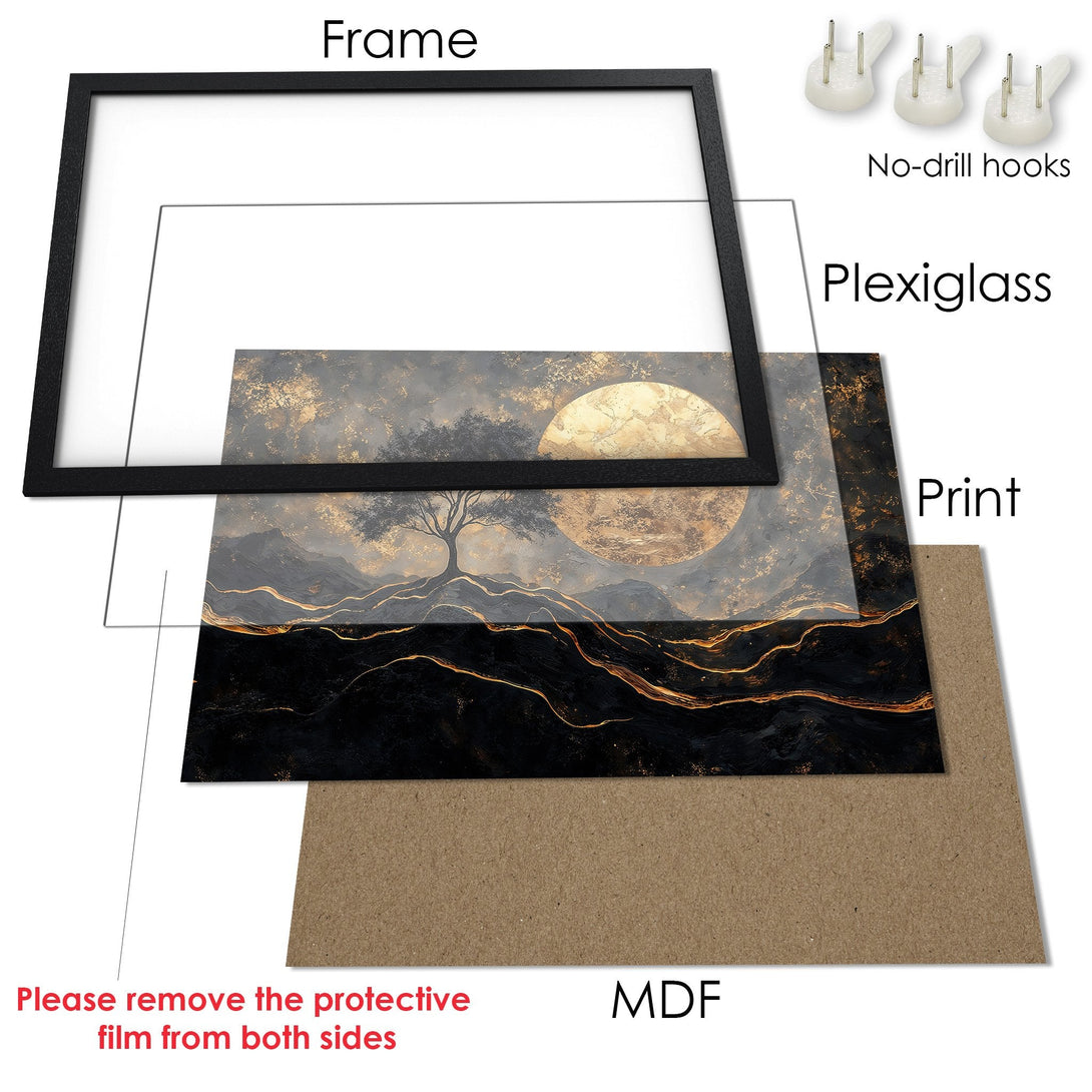 Framed Poster featuring a tree and moon landscape in a gold, black, and gray color palette. A stylish addition to any room!