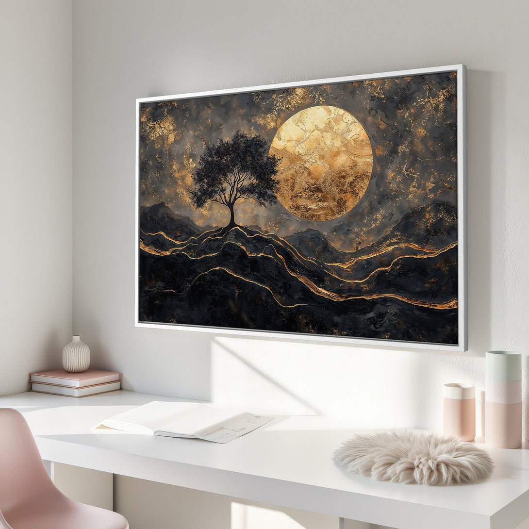 Framed Wall Art: Abstract landscape Canvas Print with gold accents, black and gold color palette, modern style. Elevate your home decor!