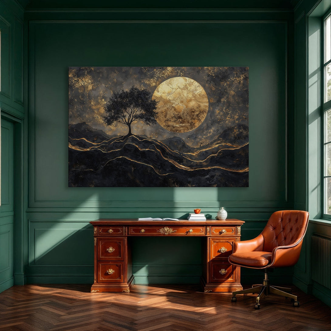 Framed Wall Art: Abstract tree art with gold and black tones. Modern canvas print for home decor. Adds luxury to any room.