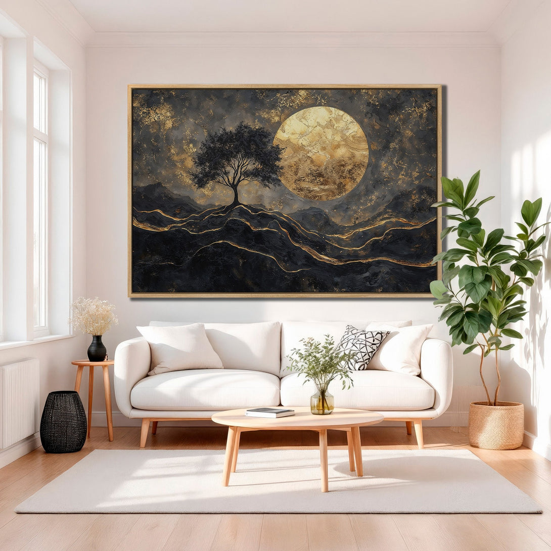 Framed Wall Art: Abstract landscape Canvas Print with a tree and moon, featuring a black, gold, and neutral color palette. Modern art for home decor.