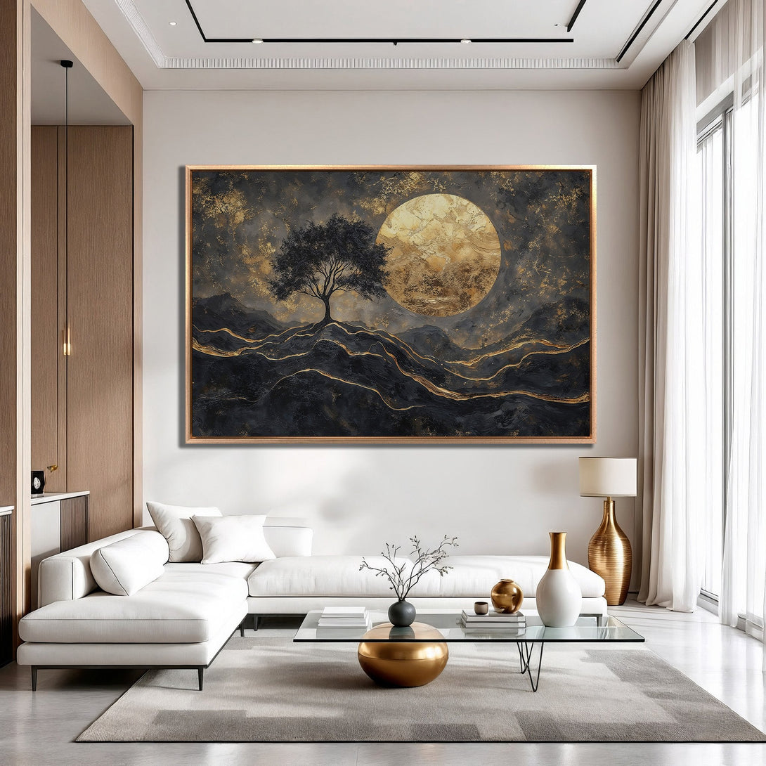 Framed Wall Art: Abstract landscape Canvas Print in black, gold, and gray. Modern art for a stylish living room.