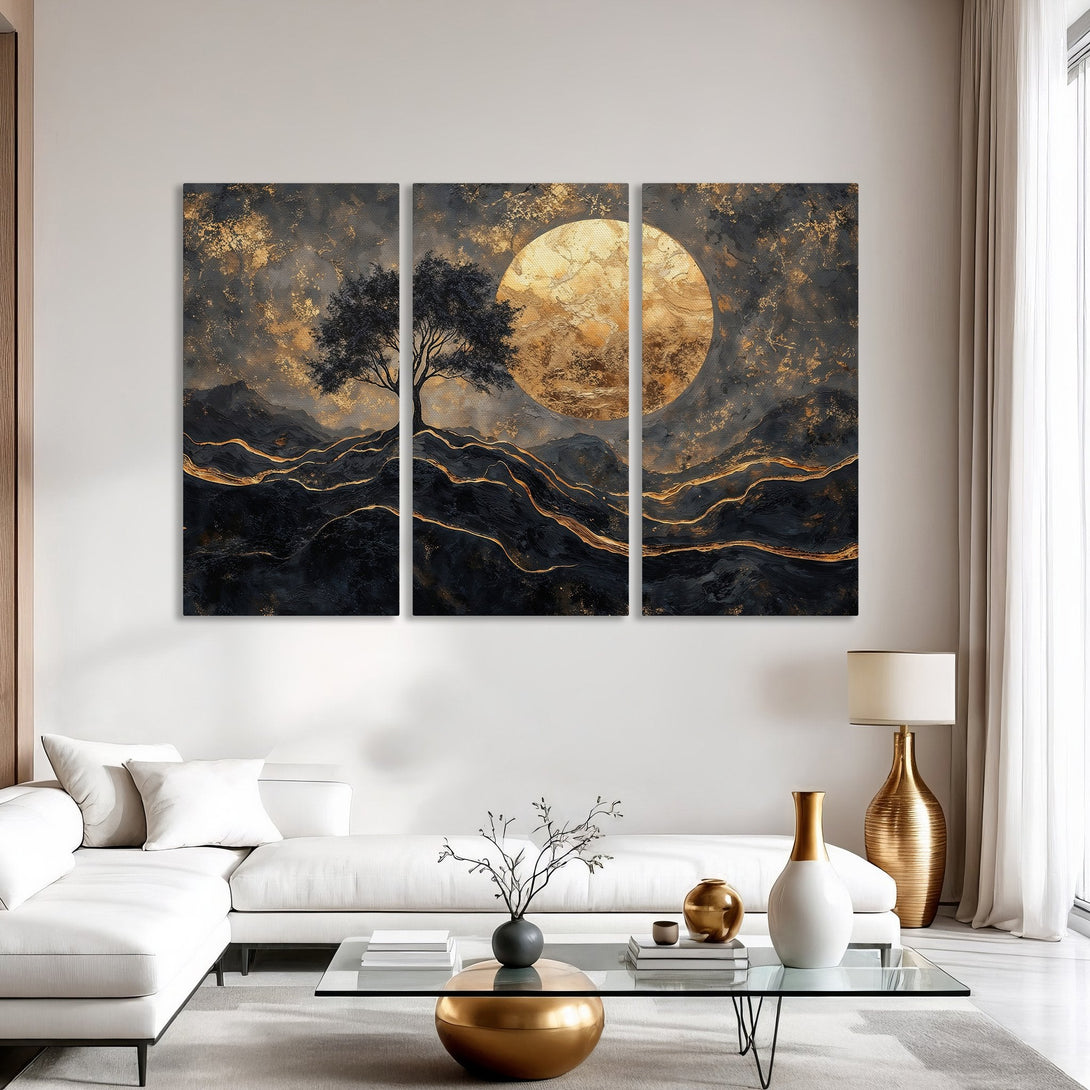 Canvas Print: Abstract landscape art with tree and golden moon. Modern style with black, gold, and gray color palette. Perfect for living room decor.