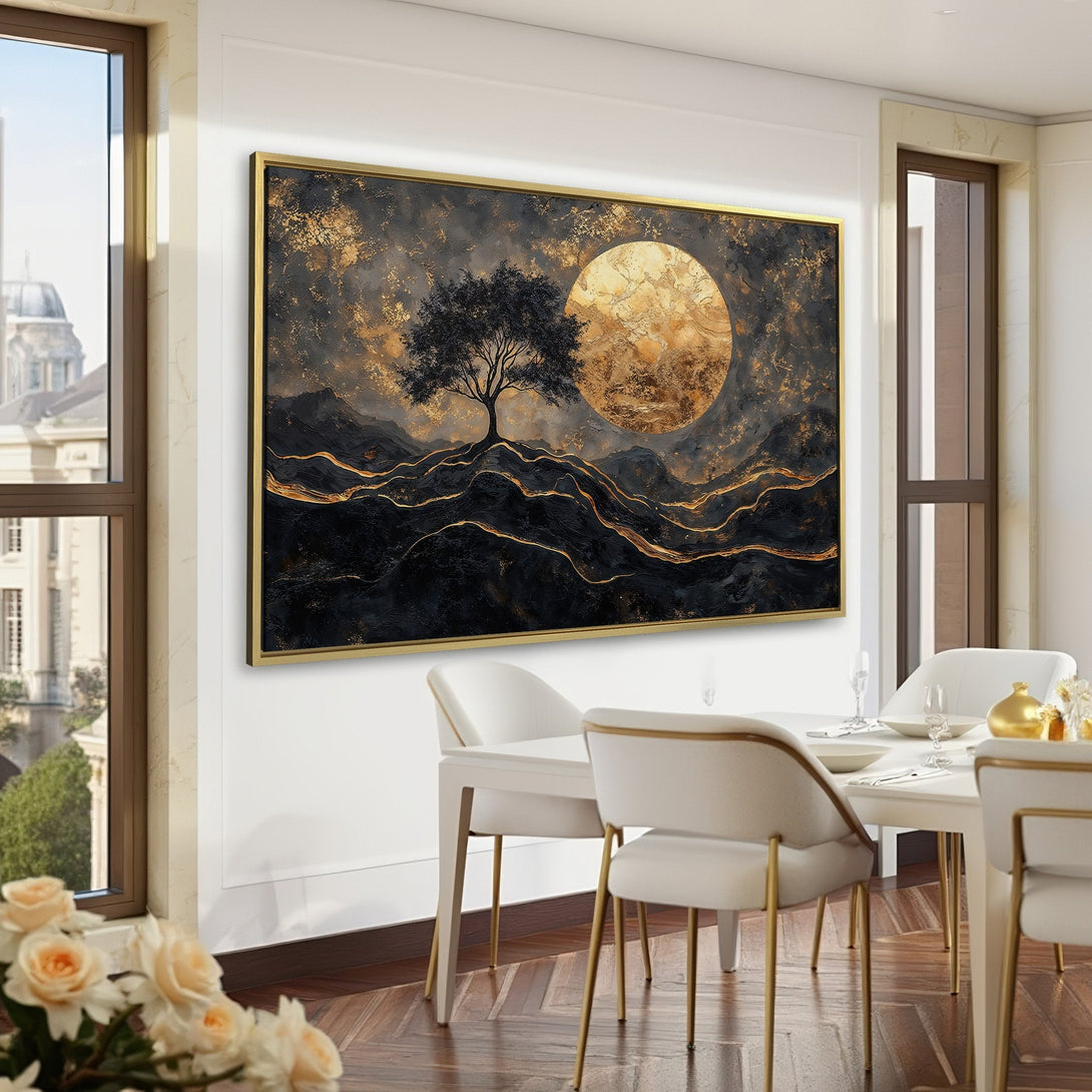 Canvas Print of a tree silhouette against a golden moon. Abstract landscape art in black, gold, and dark tones. Perfect for modern home decor.
