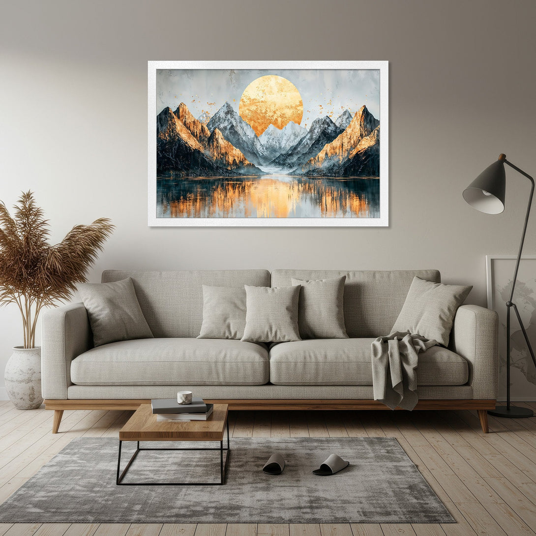 Framed Poster featuring a golden sun over mountains and lake. Abstract style, warm gold, and cool blue color palette. Perfect wall art.