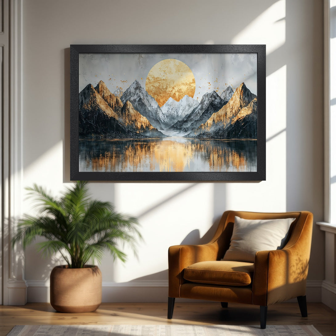 Framed Poster of majestic mountains and golden sun, in a serene, neutral color palette. Elevate your space with this stunning art.