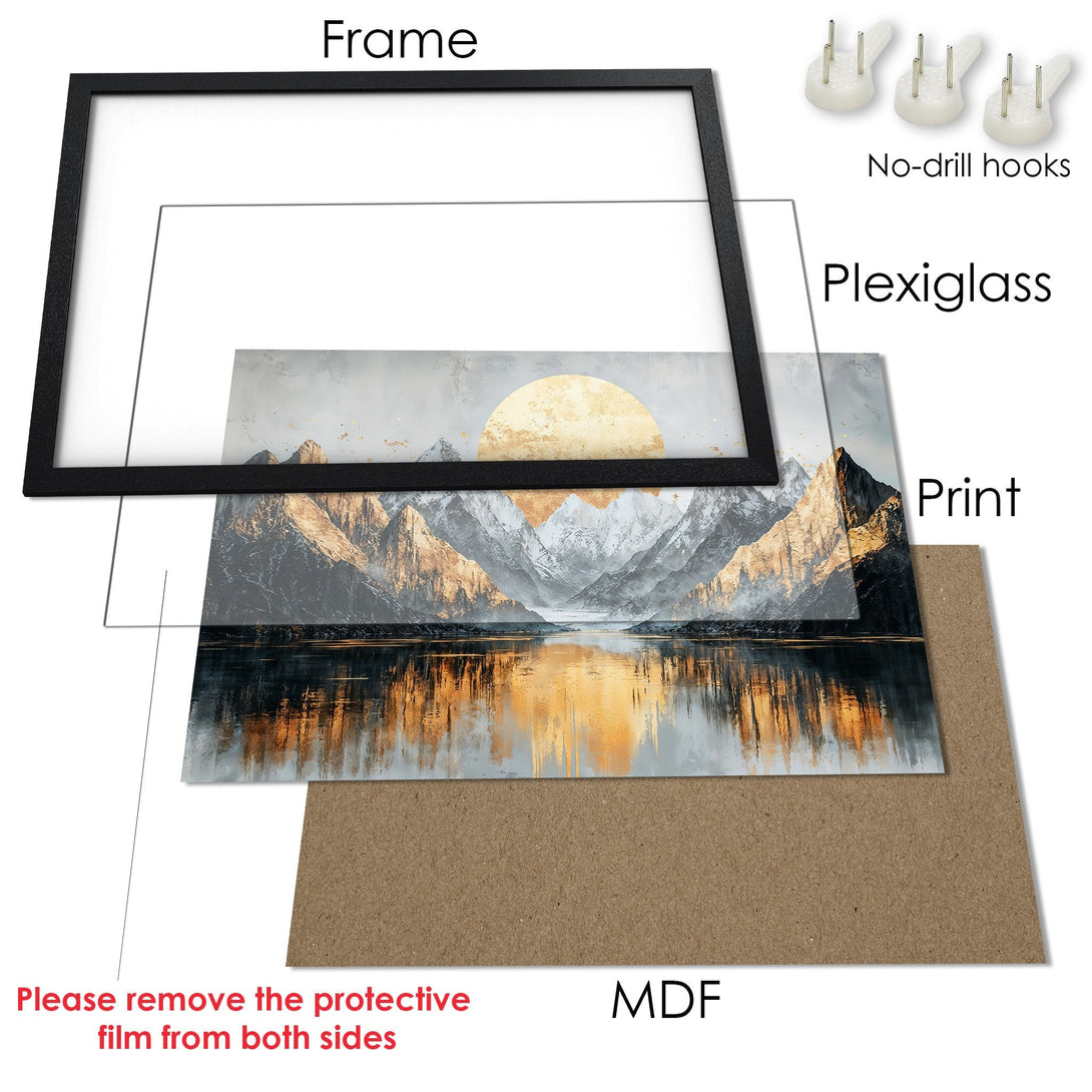 Framed Poster with mountain landscape art in gold, gray, and black. Modern decor for your home.