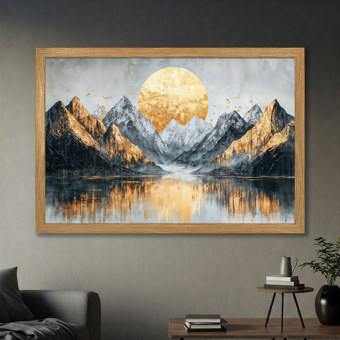 Framed Poster featuring a mountain landscape with a golden sun, artistic style, and a warm, neutral color palette. Perfect wall art!