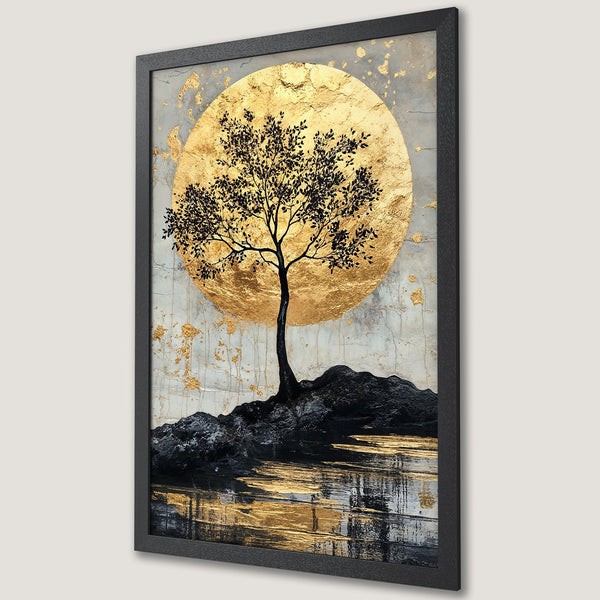 Framed Poster featuring a tree silhouette against a gold sun. Modern art style with a black, gold, and gray color palette. Enhance your space!