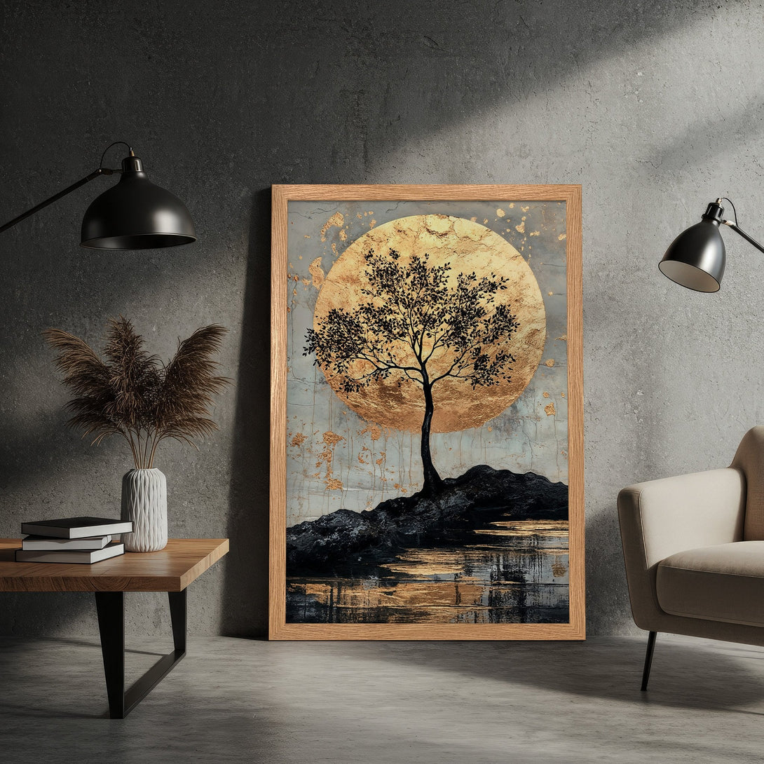 Framed Poster featuring a tree silhouette against a golden sun. Modern art style with a neutral, earthy color palette. Perfect wall decor!
