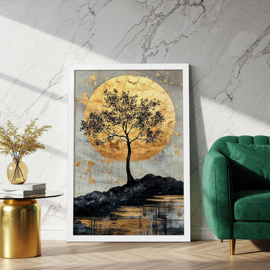 Framed Poster featuring a tree silhouette against a gold sun. Modern, abstract style with a gold, black, and gray color palette. Perfect wall art!