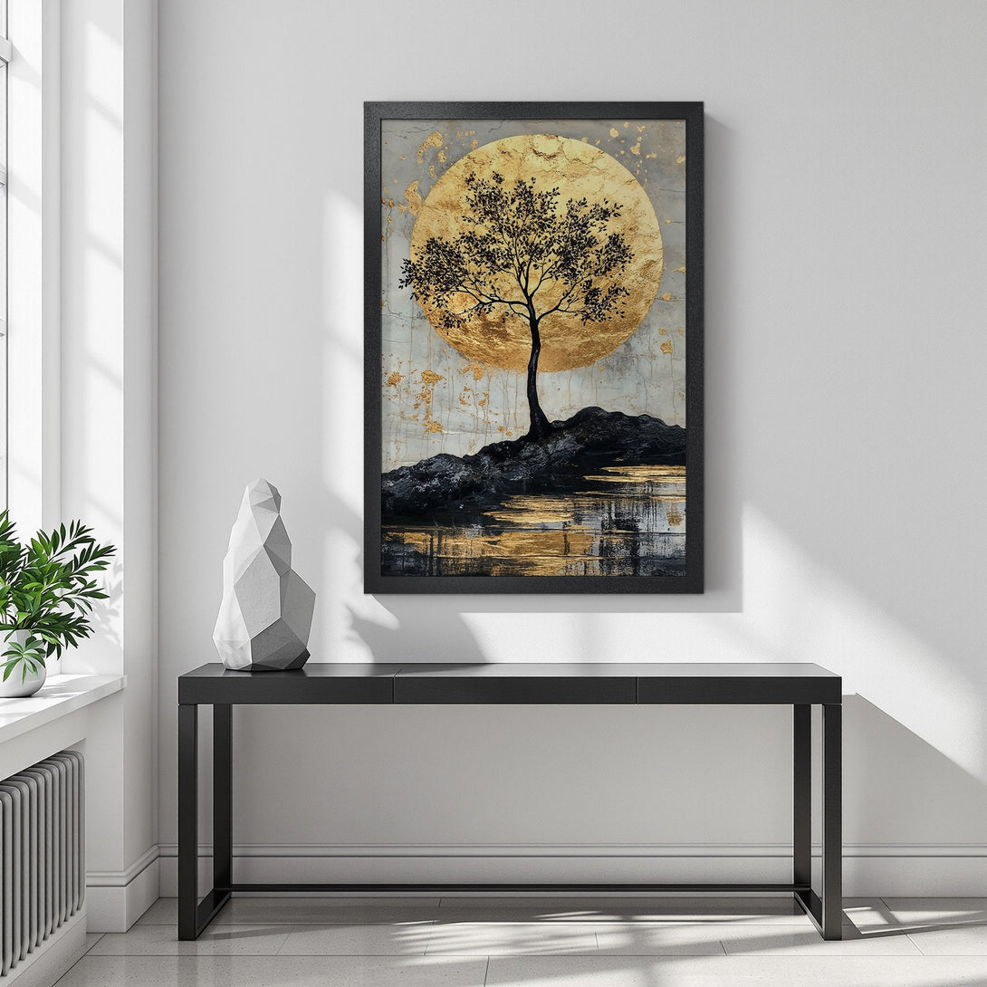 Framed Poster featuring a tree silhouette against a golden moon, with a black and gold color palette. Perfect for modern decor.