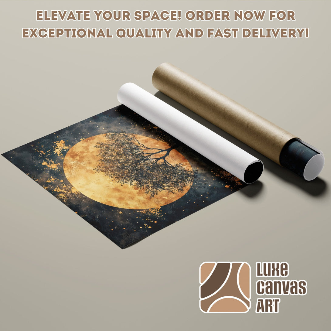 Poster Roll featuring a celestial tree design in a dark blue and gold color palette. Elevate your space!
