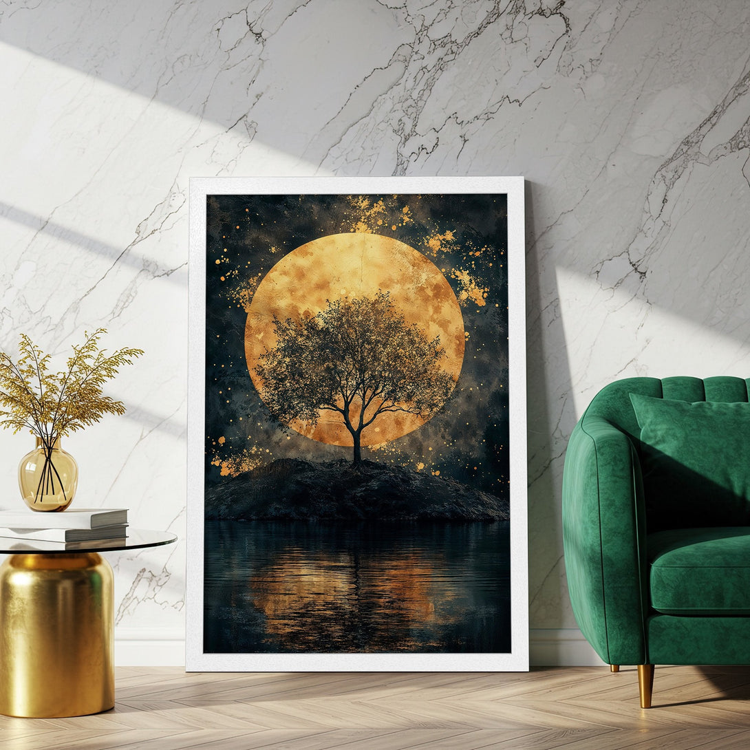 Framed Poster featuring a tree silhouette against a golden moon, in a dreamy, artistic style with a dark and gold color palette.