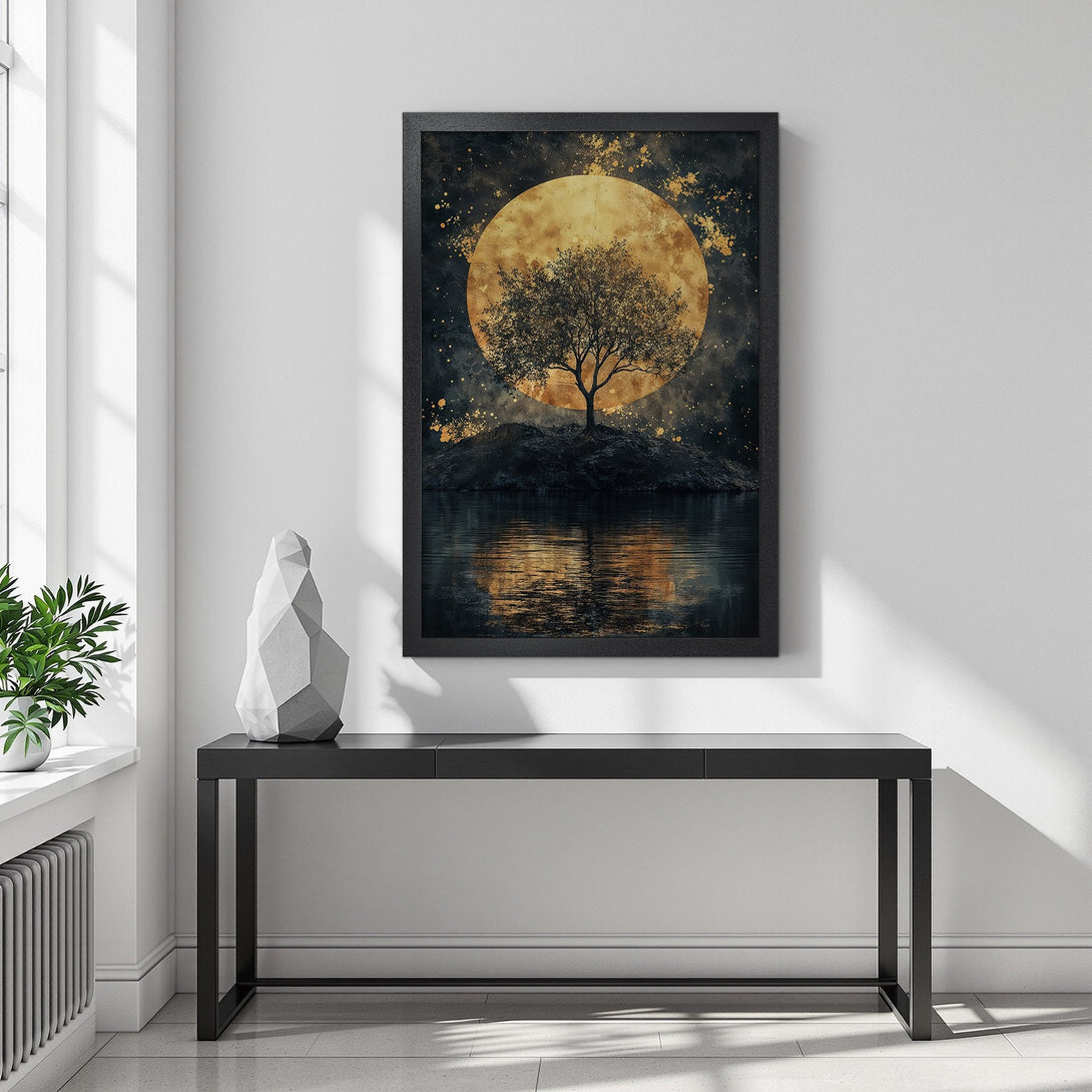 Framed Poster featuring a tree silhouette against a golden moon. Artistic style with a dark, moody color palette. Perfect wall art!