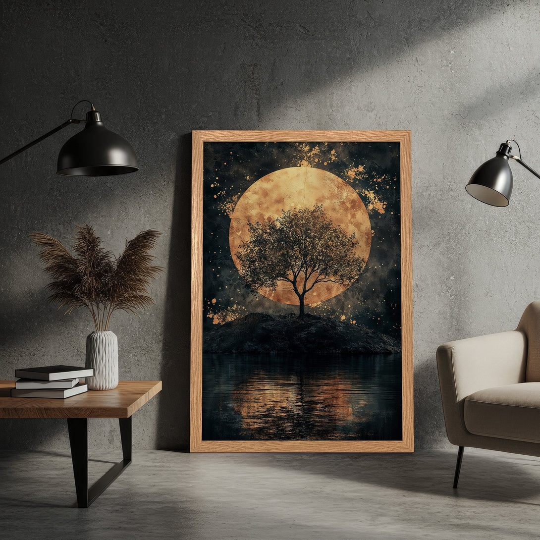 Framed Poster featuring a tree silhouette against a golden moon. Dark, moody art print with warm, earthy tones. Enhance your space with this unique Poster.