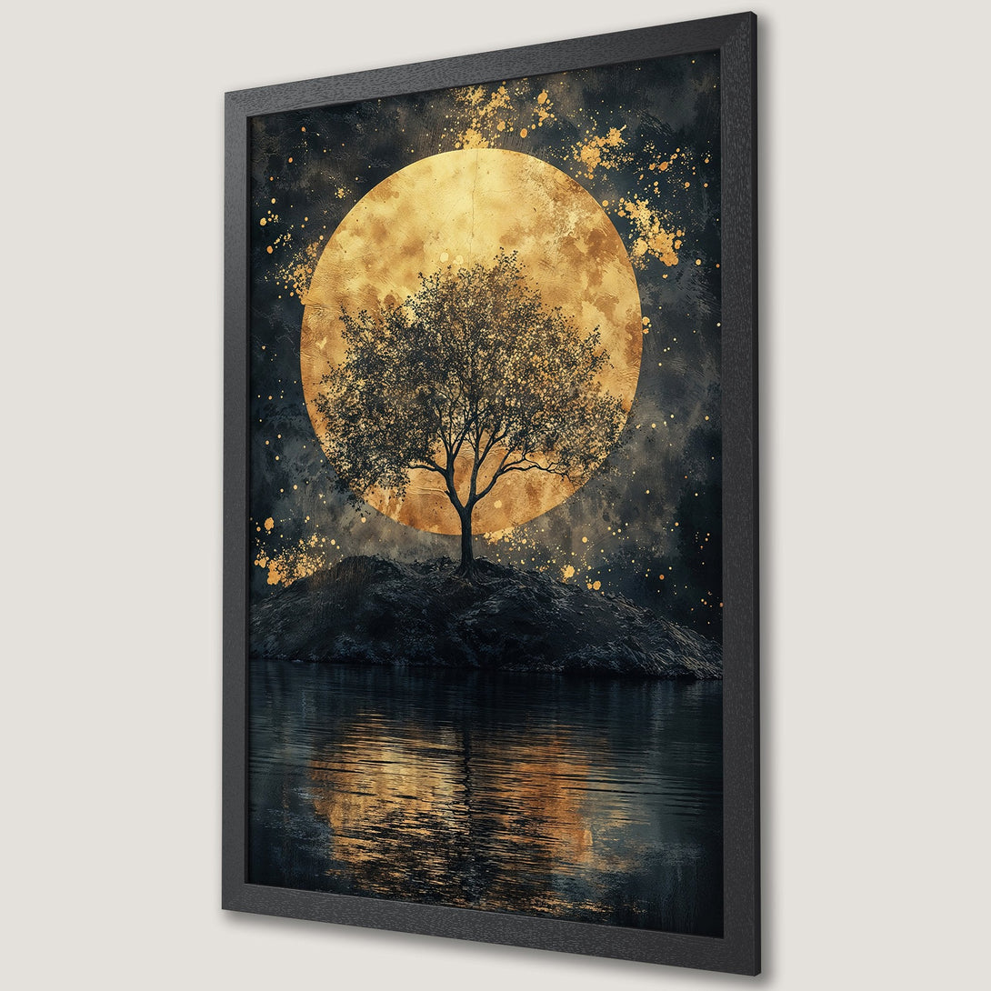 Framed Poster featuring a tree silhouette against a golden moon, dark and gold color palette, perfect wall art.