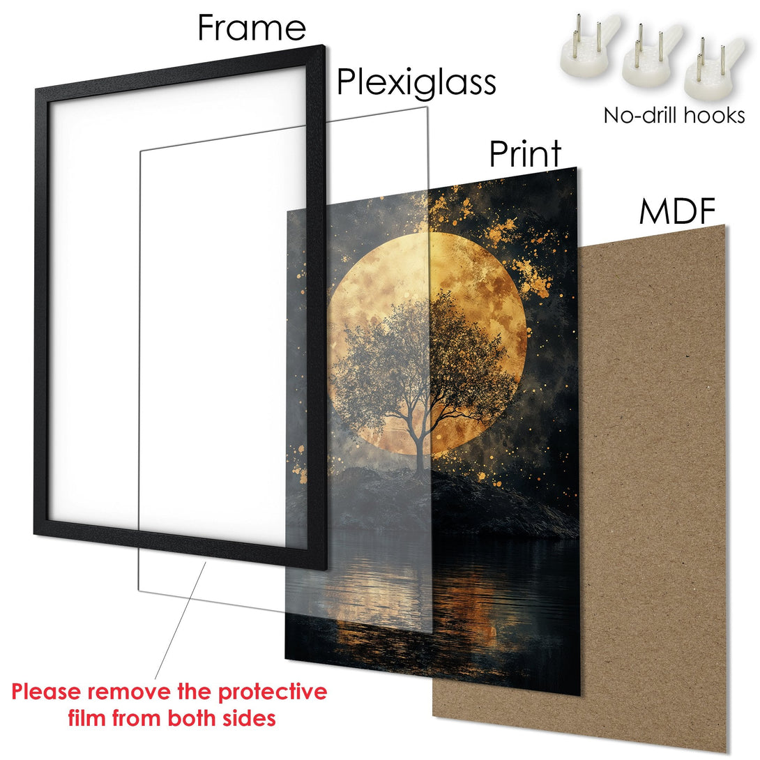 Framed Poster featuring a serene moonlit landscape with a tree. Artistic style, gold and dark color palette. Perfect wall art!