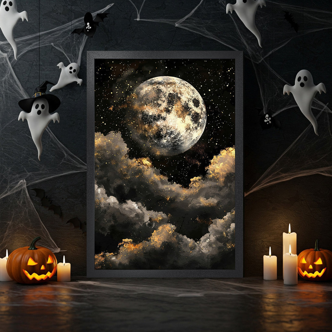 Framed Poster featuring a celestial moon and clouds, dark and gold color palette, perfect for Halloween decor.