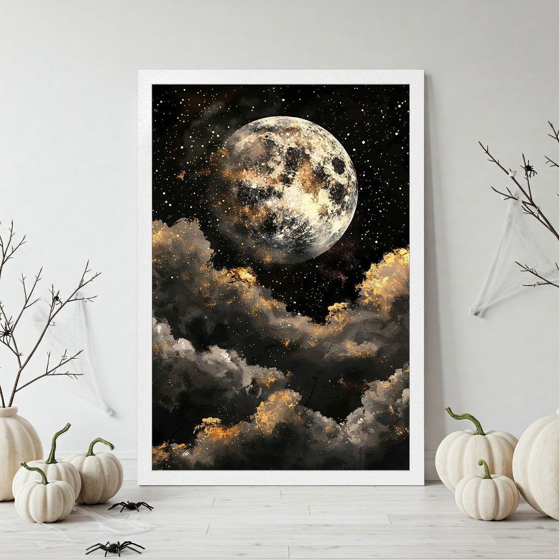 Framed Poster of a mystical night sky with a full moon. Dark, moody style with black, gold, and white color palette. Perfect Halloween decor!