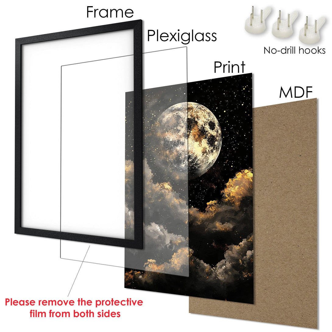 Framed Poster of a celestial night scene with moon & clouds. Artistic style, black, gold, and gray color palette. Ready to hang!
