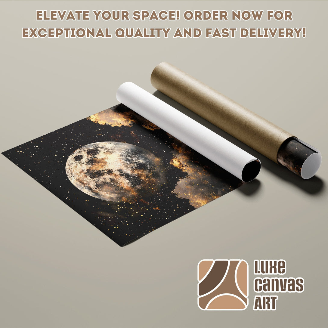 Poster Roll featuring a celestial design with a black, gold, and brown color palette. Elevate your space with Luxe Canvas Art!