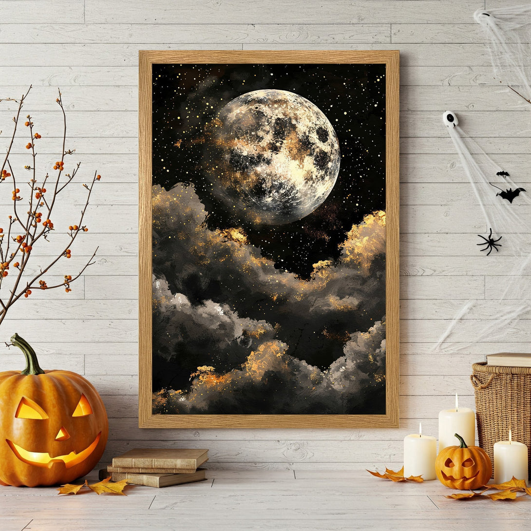 Framed Poster featuring a mystical moon & starry night sky. Dark, moody art with gold accents. Perfect Halloween decor.