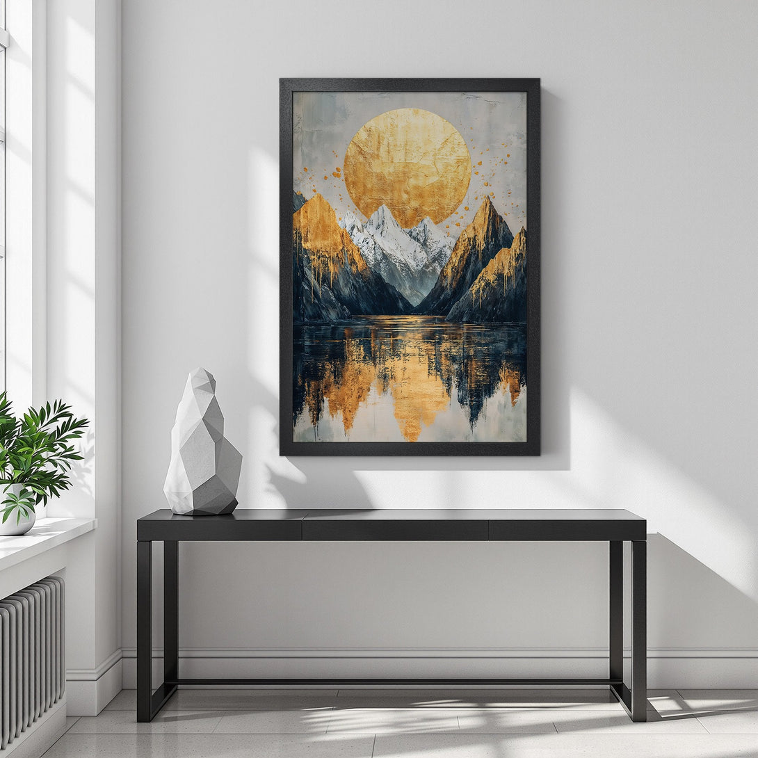 Framed Poster featuring a mountain landscape with gold and blue tones. Modern art print for home decor.