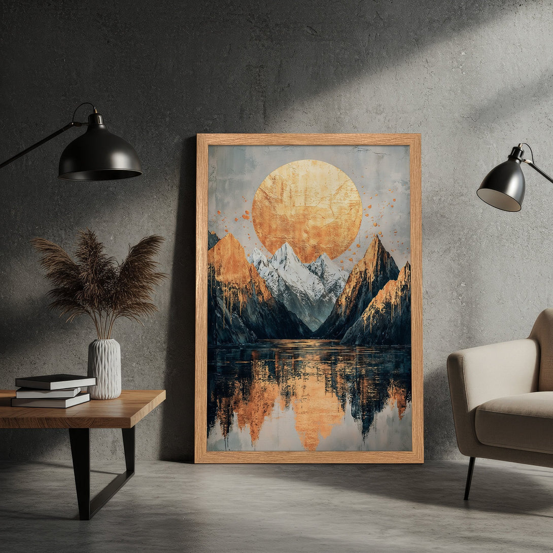 Framed Poster featuring a mountain landscape in a modern, abstract style with a gold and blue color palette. Perfect wall art!
