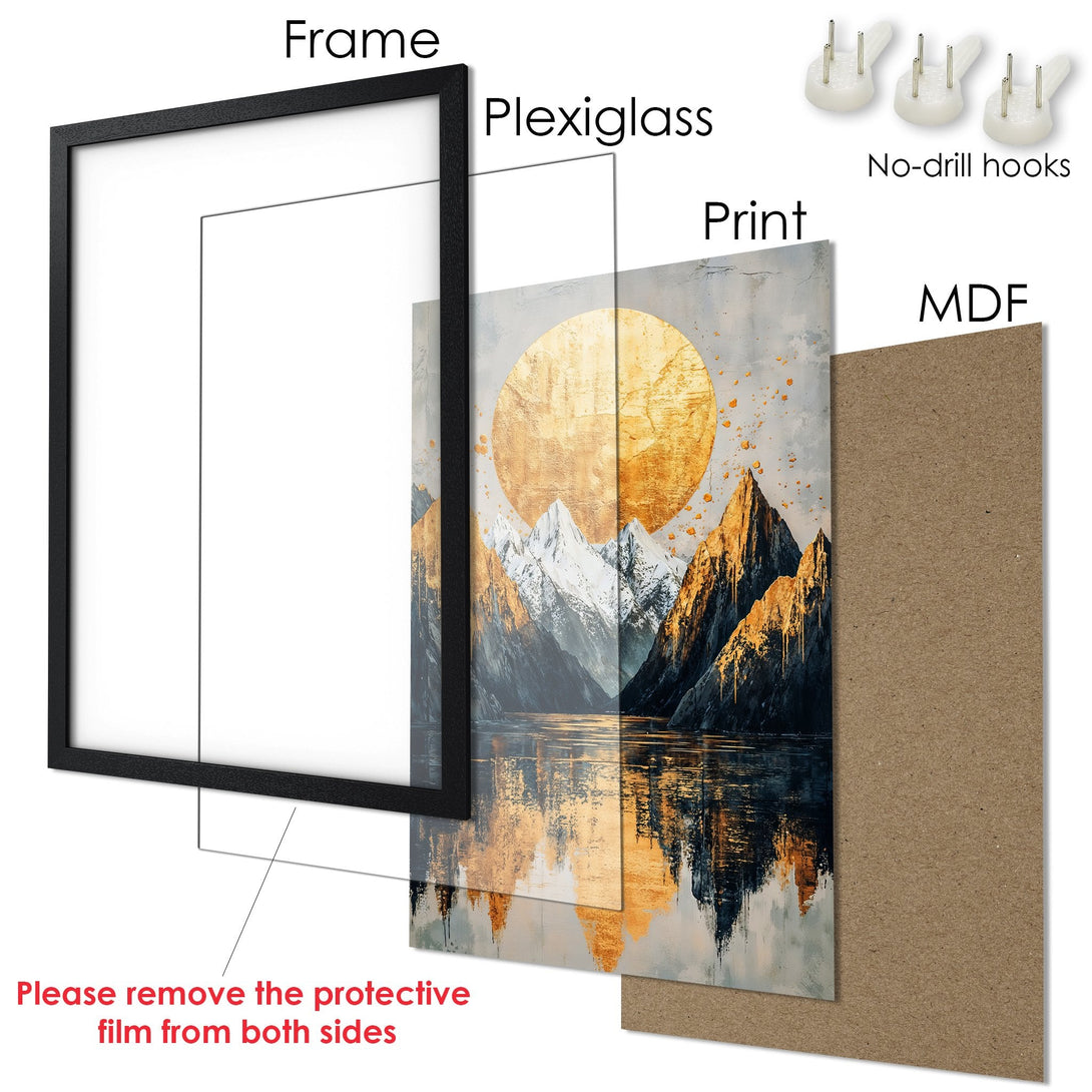 Framed Poster featuring a mountain landscape with a golden sun, in a modern, abstract style. Colors: gold, gray, and black. Ready to hang!