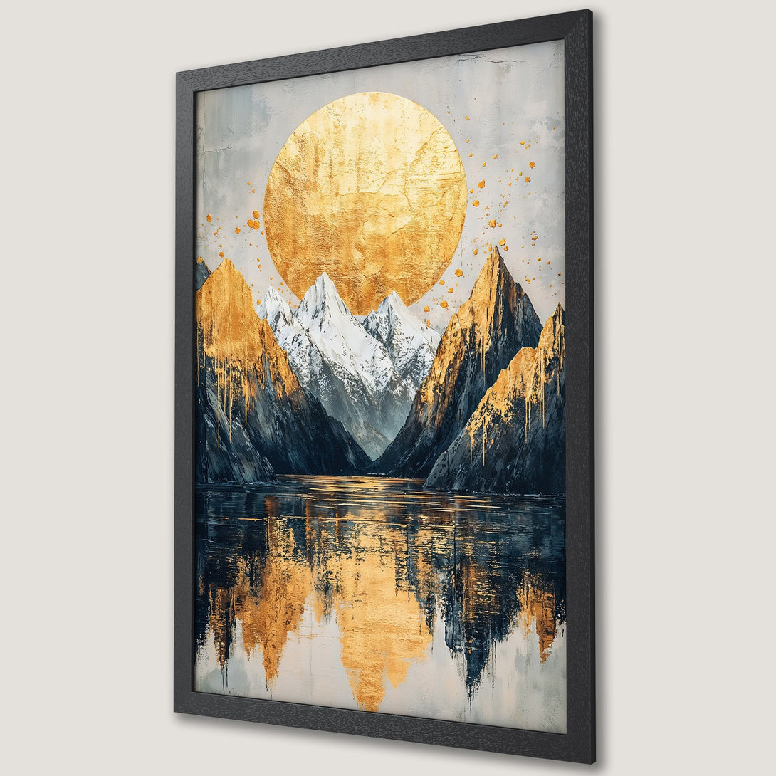 Framed Poster: Abstract mountain landscape art print with gold, blue, and white color palette. Modern decor for your home.