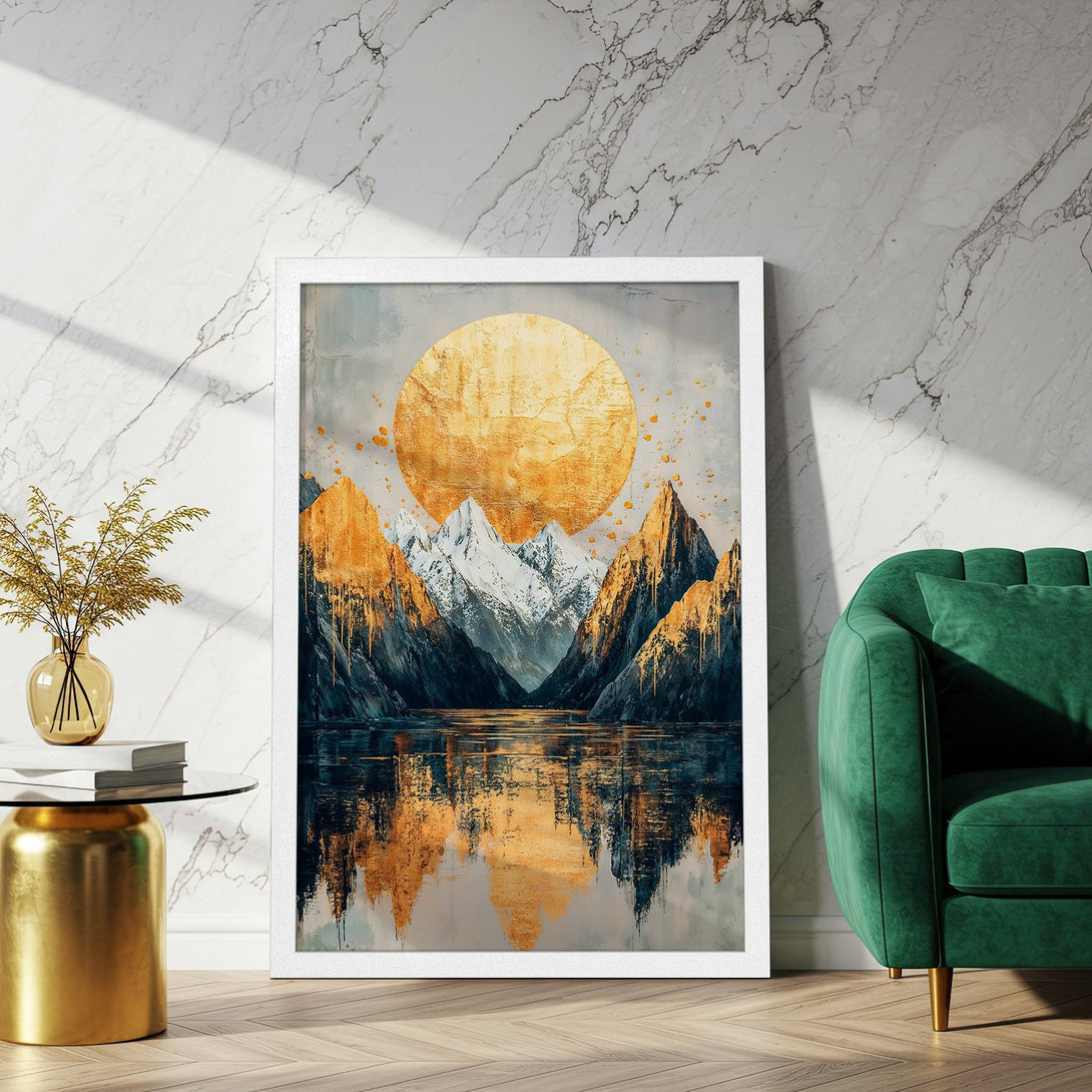 Framed Poster of a mountain landscape in a gold, blue, and gray color palette. Modern art style. Perfect wall decor.